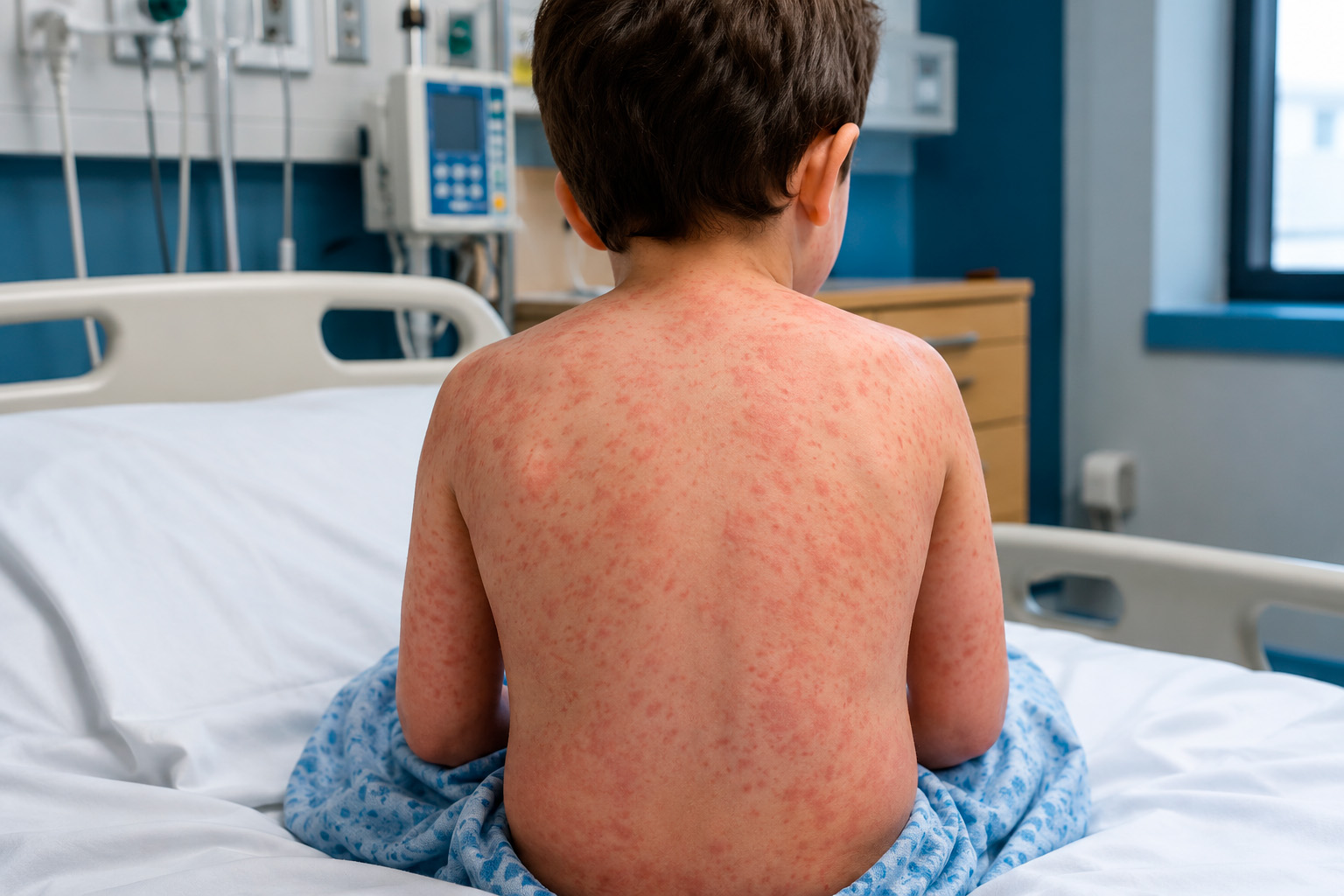 Niño con sarpullido en habitación hospitalaria